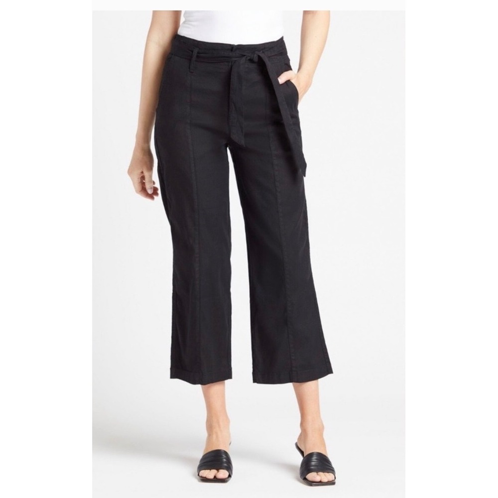 Level 99 Bette Seamed Trouser Black Linen Blend Belted Wide Leg Pants 26 NWT